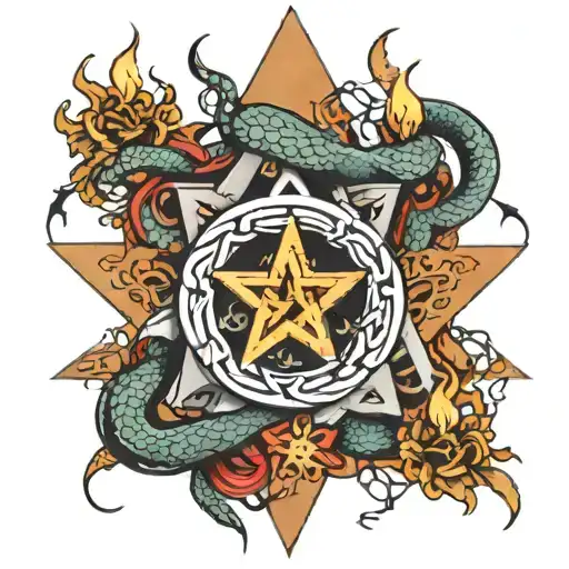 A Snake Entangling A Pentagram With Candles On The Sides