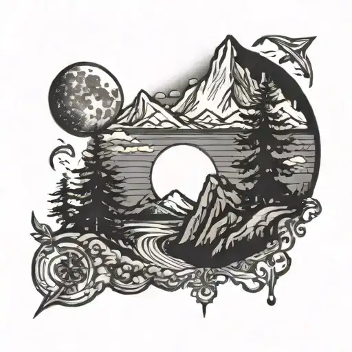 Road Mountain Moon Traingle Black Ink