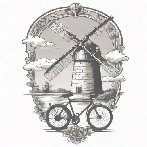 Windmill And Road Bicycle Leaning