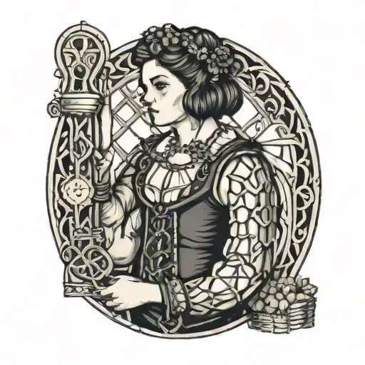 A Scottish Woman Holding A Portcullis From The Waist Up