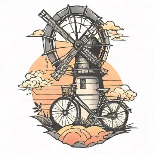 Windmill With Sunset And Bicycle