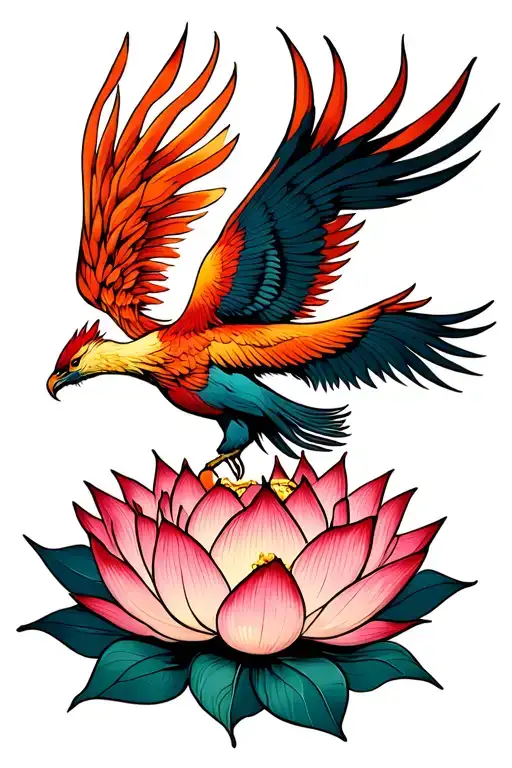 Phoenix Rising From A Lotus Flower With Five Petals