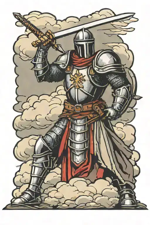 Crusader Knight Holding Sword Kneeling With Clouds In Background