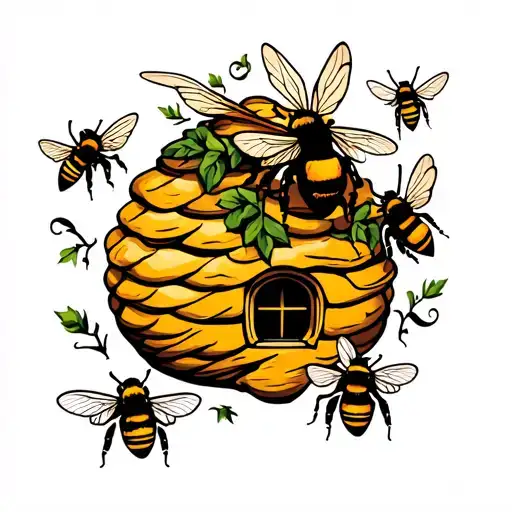 Bee Hive With 4 Bees Flying