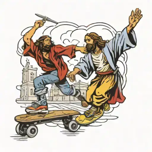 Jesus Fighting A Homless Guy Whilst Rollerskating Through Town
