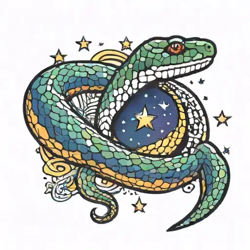 Colored Piece Of A Snake With A Starry Pattern Wrapped Around A Crescent Moon