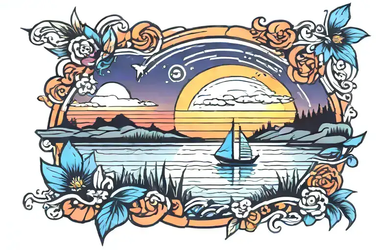 Bright Colors Sunset Over Lake