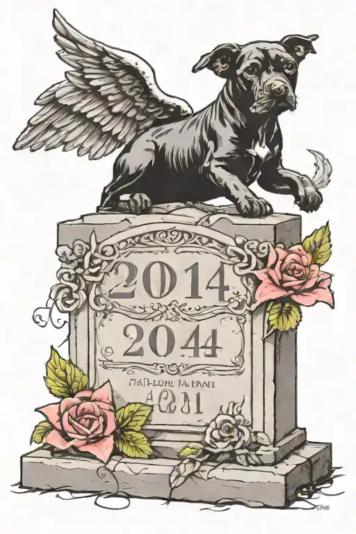 Black Stafford Bull Terrier On Grave Stone That Says 2014-2024 With Angels Flying Around And Hearts