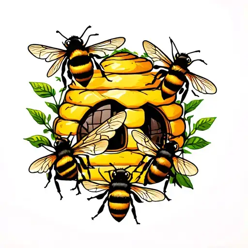 Bee Hive With 4 Bees Pollinating