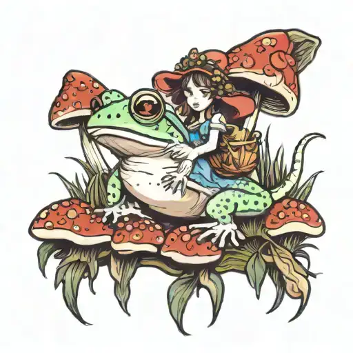 A Fairy Riding A Frog Through A Field Of Mushrooms