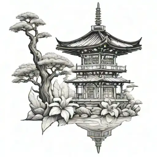 Japanese Pagoda Temple Fine Line Drawing
