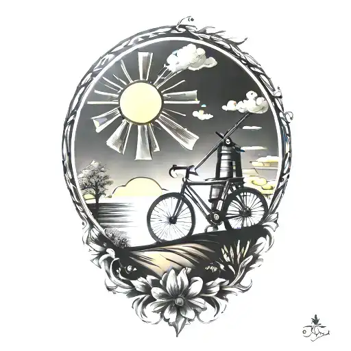 Windmill And Road Bicycle And Sun
