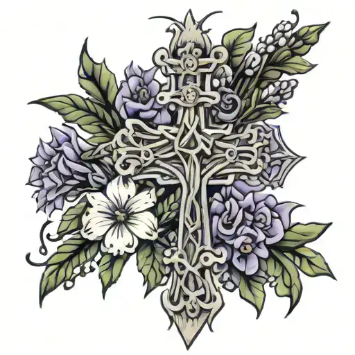 Barbed Wire Cross Line Work With Lavender And Snapdragons Interwoven