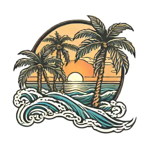 Sunset With Waves And Two Palm Trees