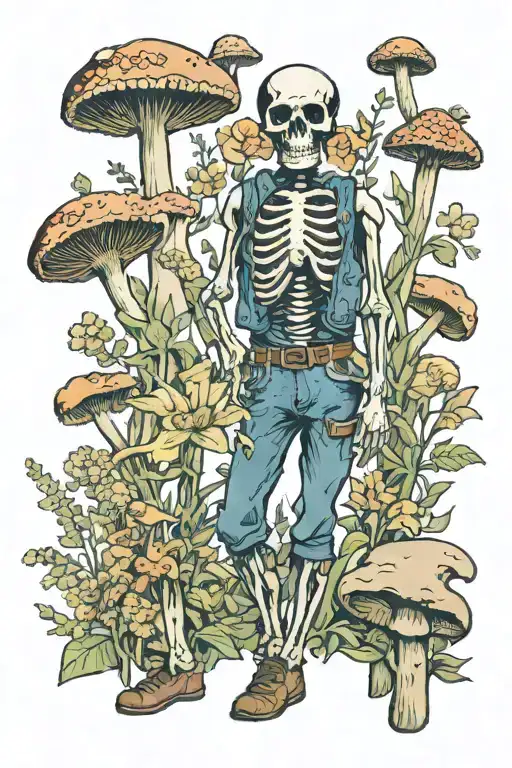 Skeleton Wearing Jean Bob Overalls Standing In Wild Flowers And Mushrooms
