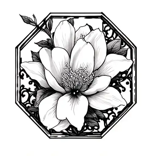 Magnolia Flowers On Black Lace Octagon Tattoo Black
