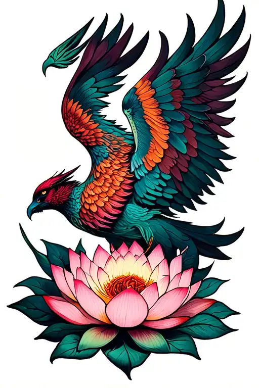 Phoenix Rising From A Lotus Flower With Five Petals