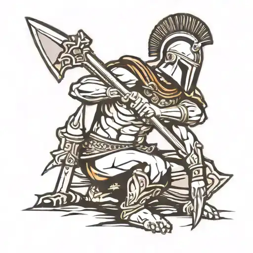 Spartan Kneeling Down With Sword