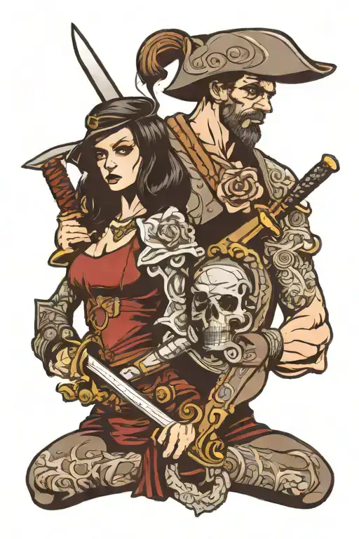 A Man With A Book Stands Next To A Woman With Swords