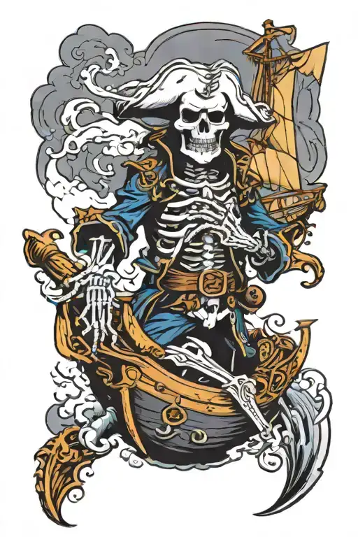 Skeleton Pirate With Ship Sailing Through Stormy Seas