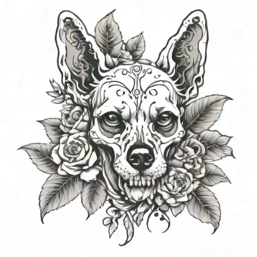 Dog Skull Surrounded By Flowers