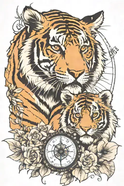 Half A Explorer And Other Tiger Mum And Cub And Background A Compass