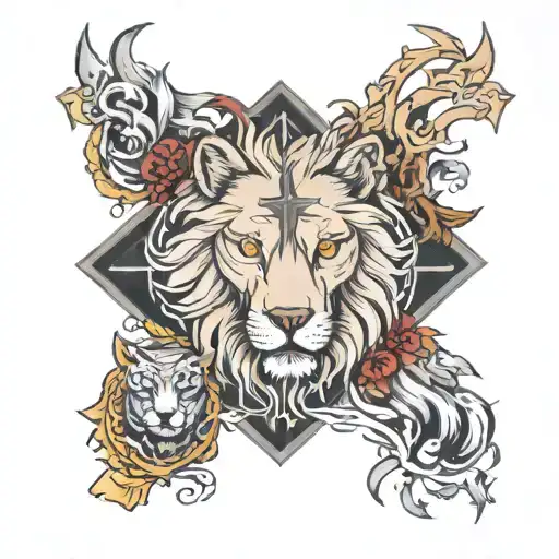 Wolf And Lion Next To Cross Surrounded