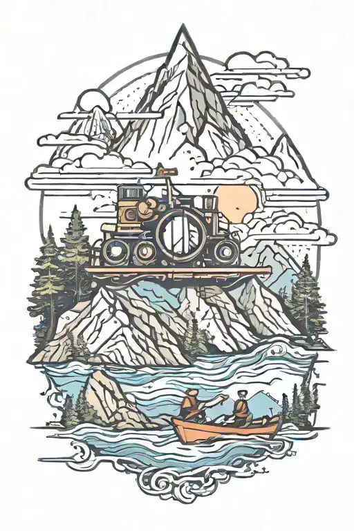 A Mountain Range With A Movie Projector Shining Images Of Kayaks On The Peaks