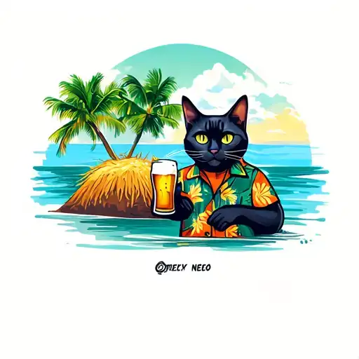 A Black Cat Wearing A Hawaiian Shirt In Front Of An Island Holding A Beer In Hay