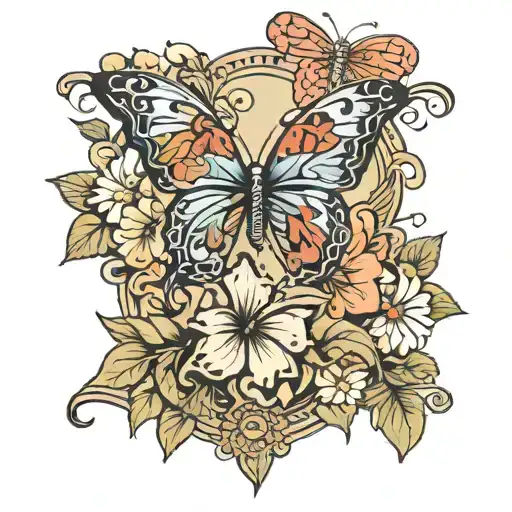 Butterflies And Hawaian Flower With Asian Letters Spelling God