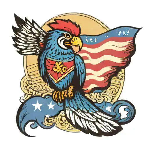 Quetzal Bird Holding Puerto Rican Flag In Sunset Sky