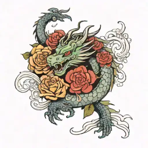 Japanese Style Dragon With Roses And