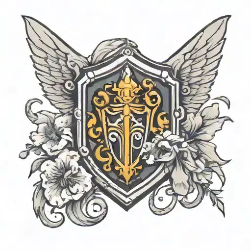 Guardian Angle With Sword And Shield With Iris Flower