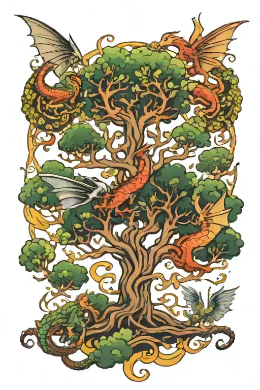 Tree Of Life And Dragons Flying