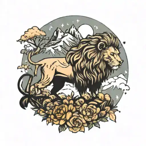 Lion Surrounded By Mountains And Flowers And Trees And Sky And Stars