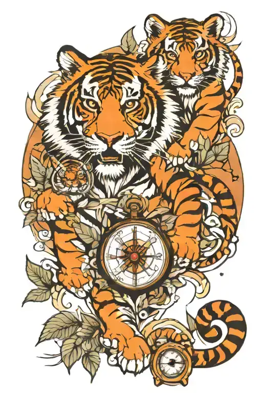 It Half A Explorer And Other Tiger Mum And Cub And Background A Compass