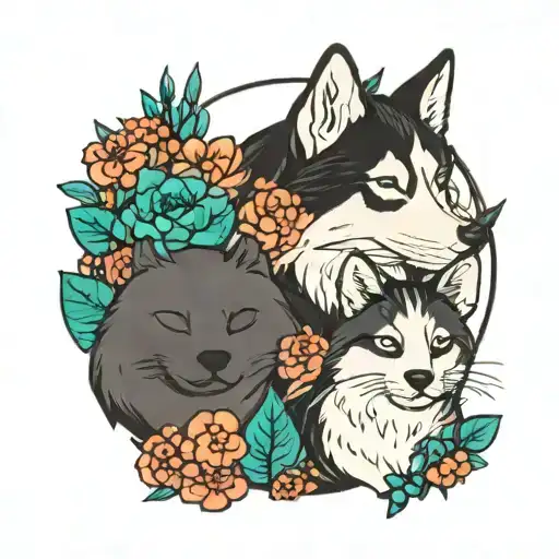 Flower Beds With Sleeping Cats And Husky Dog