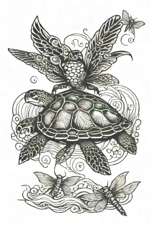 Sea Turtle And Dragonfly Flying