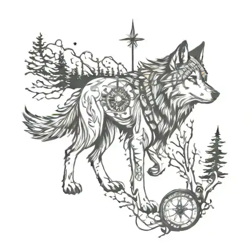 Wolf In The Forest With A Compass