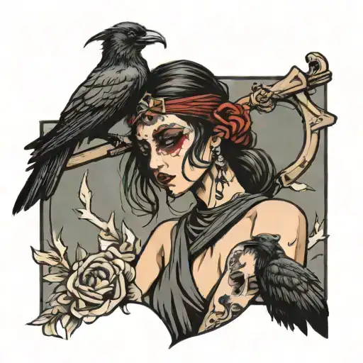 Lady Face Blindfolded Holding A Scythe With A Perched Crow