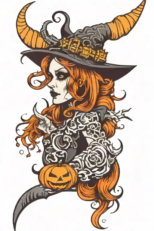 Witch With Horns And Halloween Themed