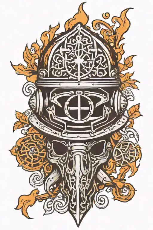 Upside Down Fire Helmet With Tree Of Life Celtic Cross Coming Out Of Helmet