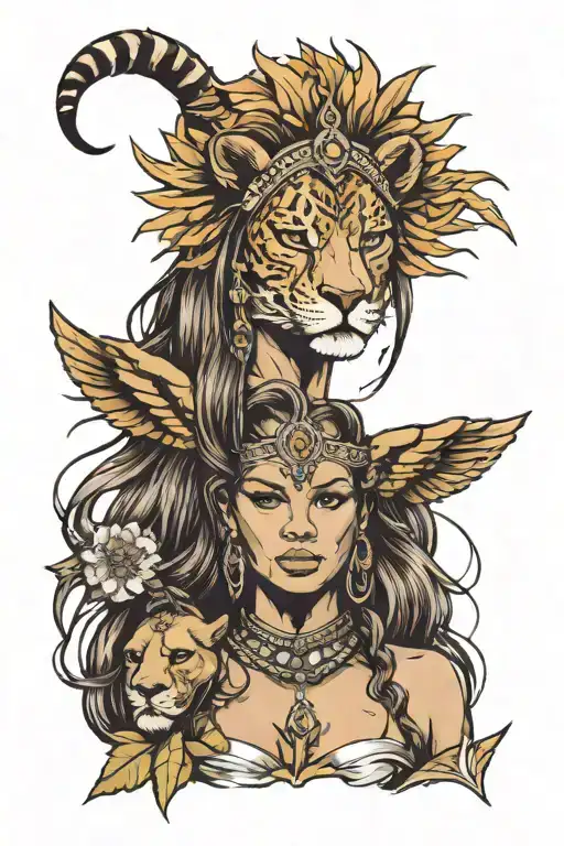 Warrior Girl Face Tattoo Design Featuring Savanna Scene With A Lion Head On Her Head