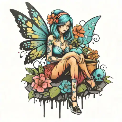 Street Art Fairy Sitting On A Spray Painting Graffiti