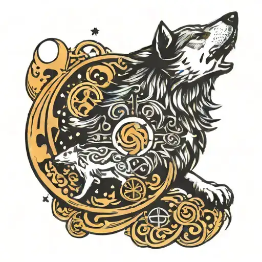 A Celestial Wolf Howling At The Moon Surrounded By Symbols Of Peace And Tranquility