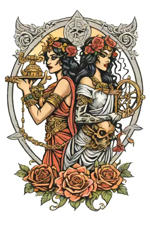 Ancient Greek Goddess Of Justice Themis And Mexican Goddess Of Death Muerta