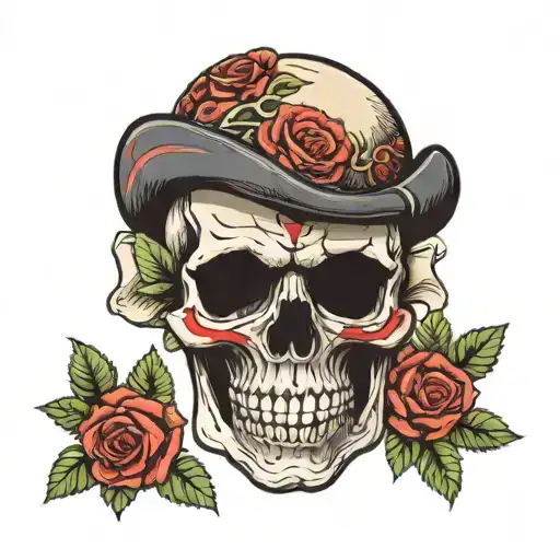 Skull With A Red Stripe Across Its Eyes With Red Roses