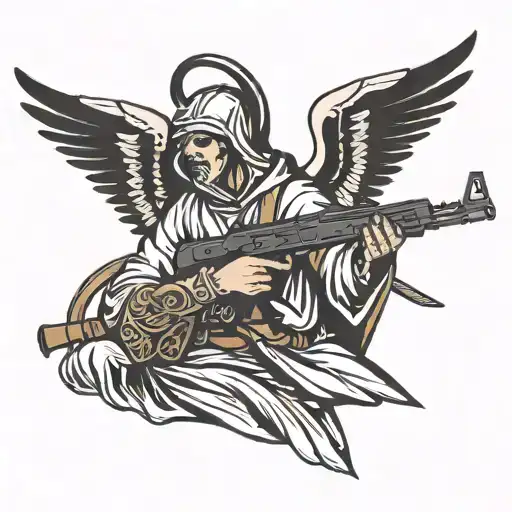 Minimalism Christian Angel With Ak 47 Rifle In Hands