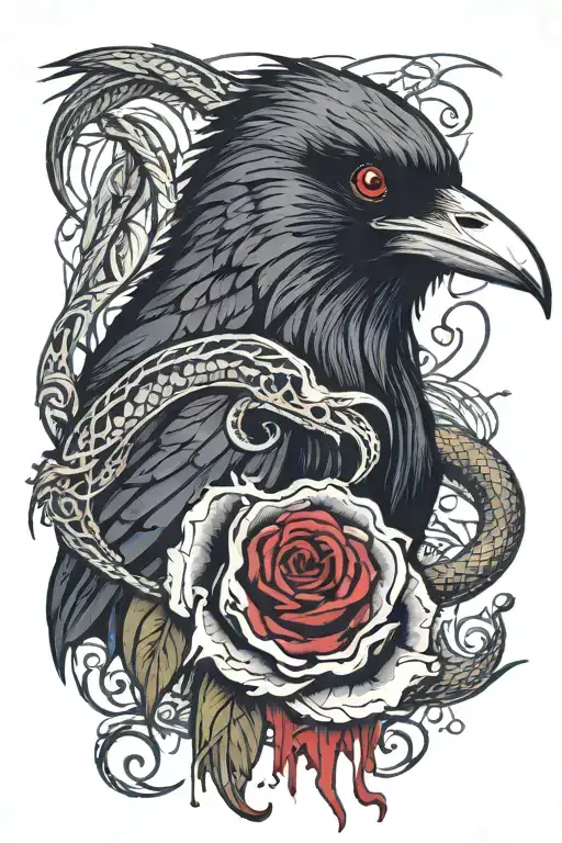 Raven On My Arm With A Snake In It's Mouth And His Eyes Dripping Blood