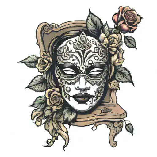 Melpomene Drama Mask On A Chair Next To A Rose
